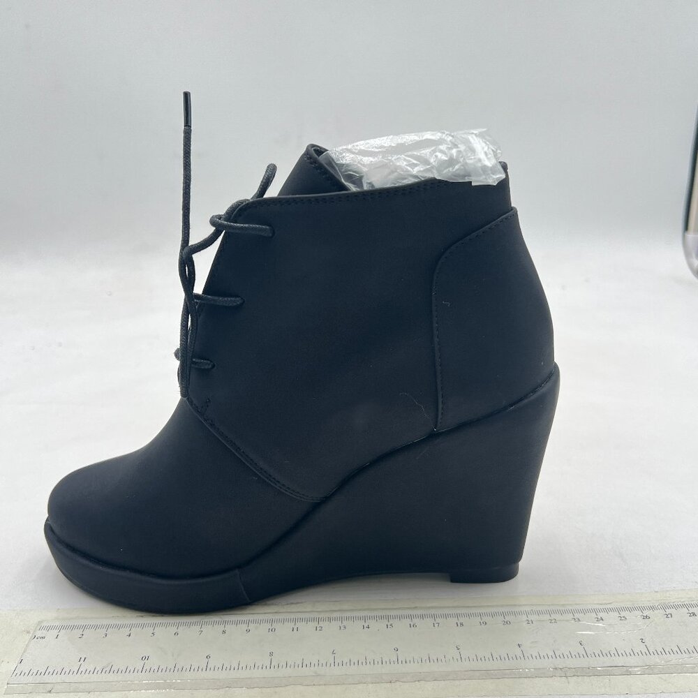 Black Round Toe Ankle Boots Wedge Heeled Booties Lace up Chic Office Formal Shoe